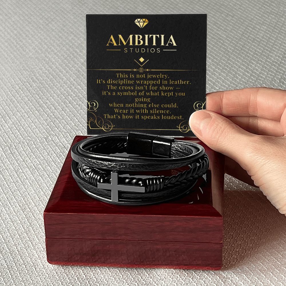 The Silent Code – Black Leather Cross Bracelet