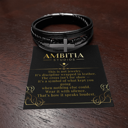 The Silent Code – Black Leather Cross Bracelet