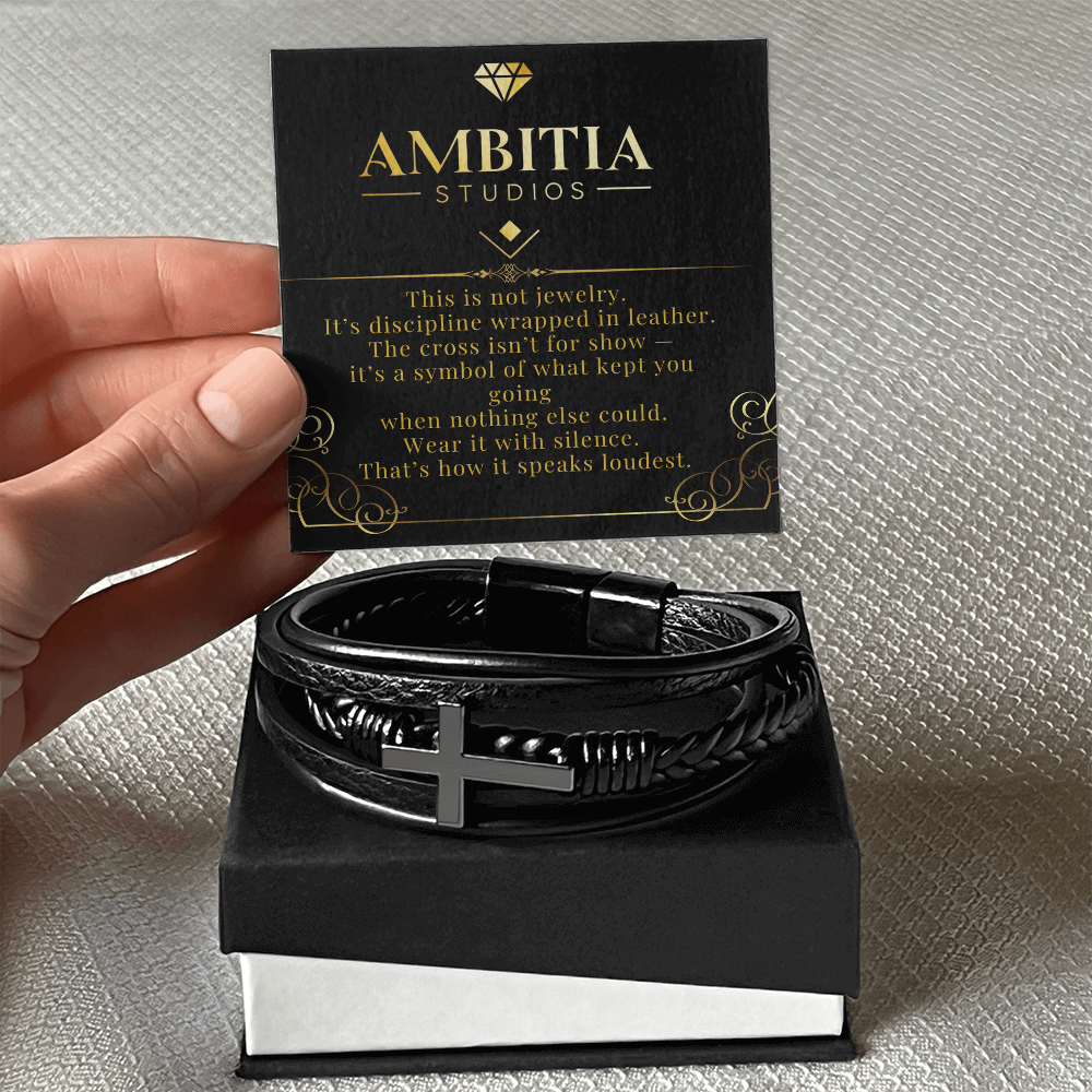 The Silent Code – Black Leather Cross Bracelet