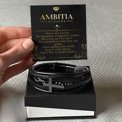 The Silent Code – Black Leather Cross Bracelet