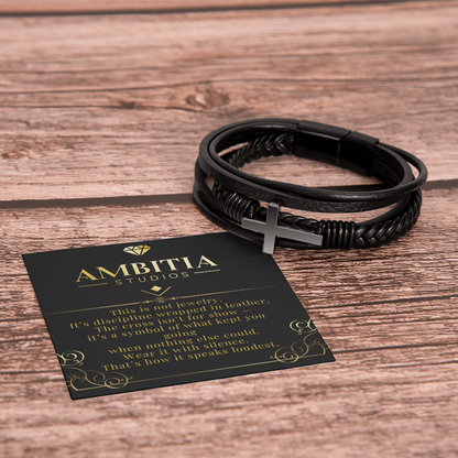 The Silent Code – Black Leather Cross Bracelet