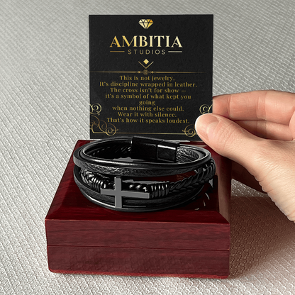 The Silent Code – Black Leather Cross Bracelet