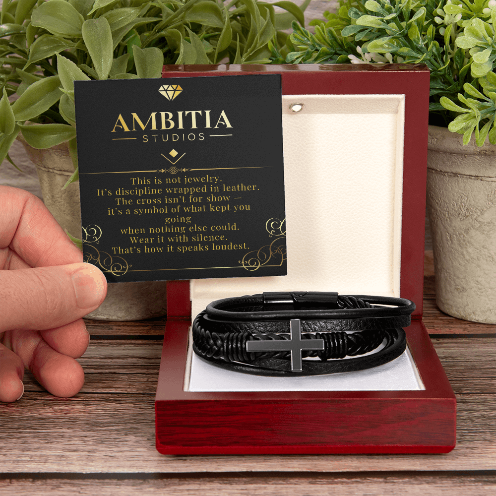 The Silent Code – Black Leather Cross Bracelet